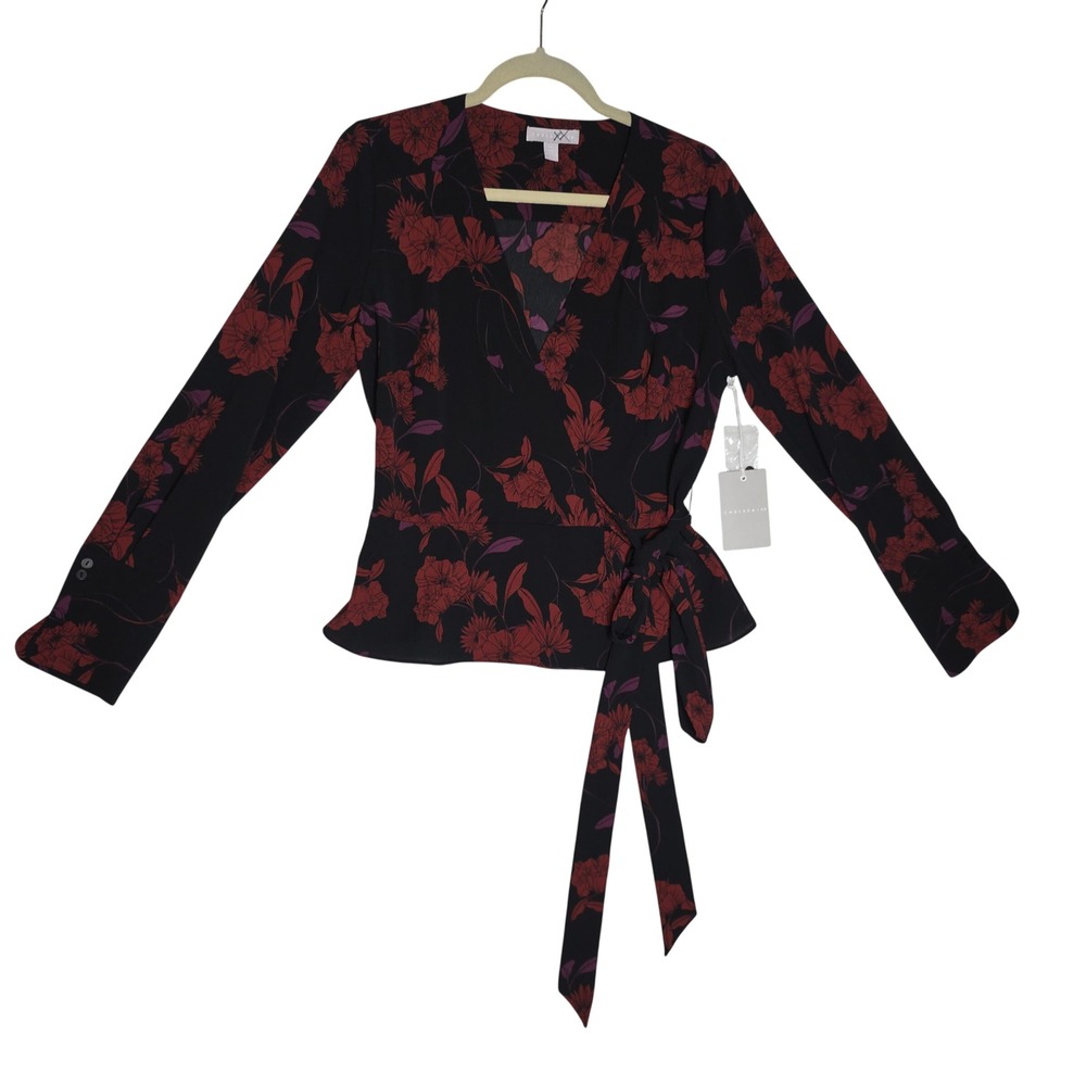 CHELSEA 28 Black Red Floral‎ Wrap Long Sleeve Peplum Blouse Top M